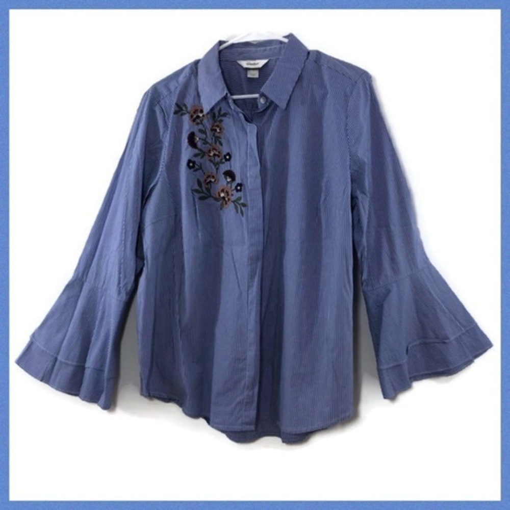 CJ Banks Striped Embroidered Button Down Shirt